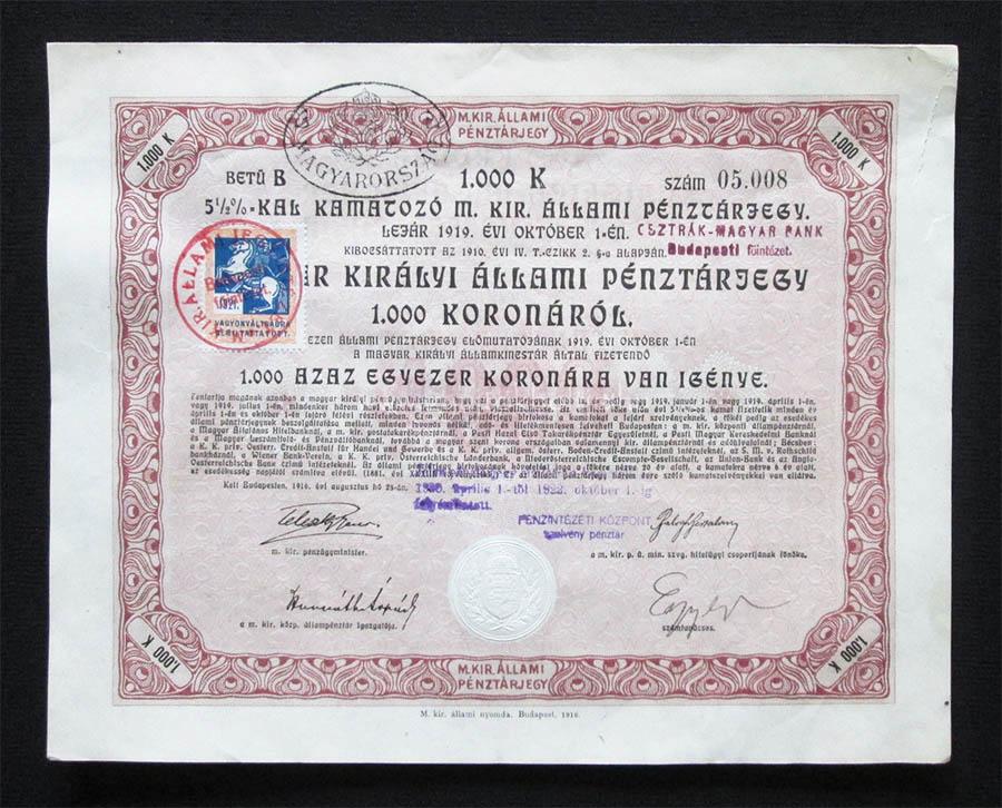 Magyar Kirlyi llami Pnztrjegy 1000 korona 1916